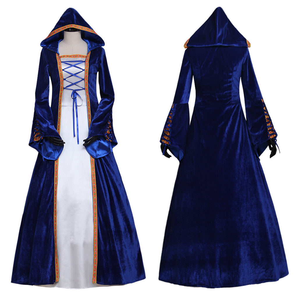 Medieval Vintage Regency Dress Hooded Blue White Gown Medieval Cosplay Costume Long Sleeve With Lace up Renaissance Gown Women Cosplay Costume Adult Ladies Halloween Christmas Dress