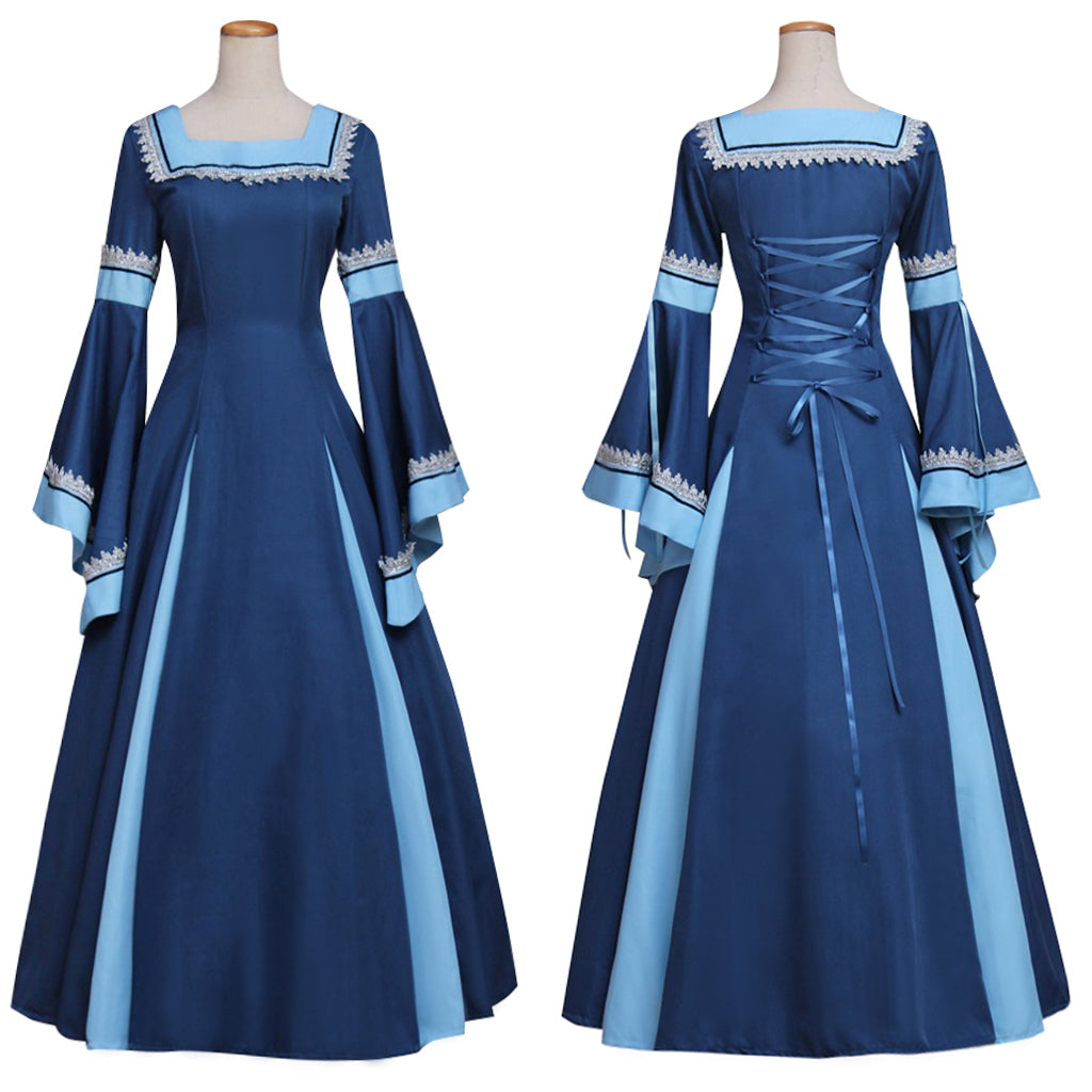 Medieval Vintage Regency Dress Square Neck Navy Blue Light Blue Gown Medieval Cosplay Costume Long Sleeve With Trim Renaissance Gown Women Cosplay Costume Adult Ladies Halloween Christmas Dress
