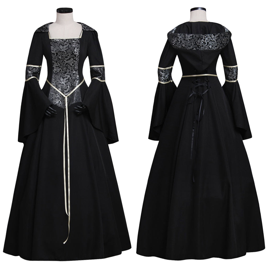 Medieval Gothic Queen Cosplay Costume  Vintage Regency Dress  Victorian Costume Square Neck Black Gown With Silver Pattern Trim Long Flared Sleeve Renaissance Cosplay Costume Adult Ladies Halloween Christmas Dress
