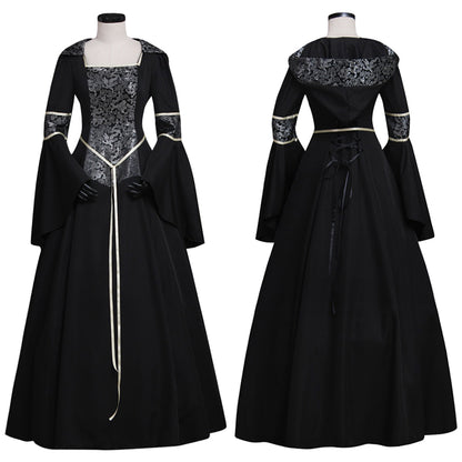 Medieval Gothic Queen Cosplay Costume  Vintage Regency Dress  Victorian Costume Square Neck Black Gown With Silver Pattern Trim Long Flared Sleeve Renaissance Cosplay Costume Adult Ladies Halloween Christmas Dress