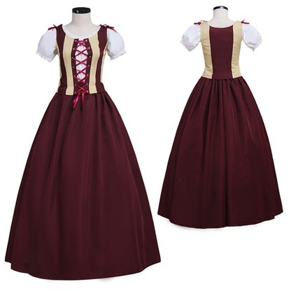 Medieval Renaissance Cosplay Costume Short Sleeve Corset Style Burgundy Gown Adult Ladies Halloween Renaissance Festival Dress
