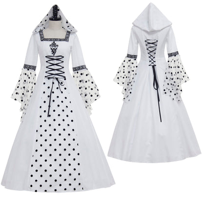 Medieval Women Victorian Renaissance Cosplay Costume Gothic Steampunk Hooded Square Neck Polka Dot Flared Sleeve Corset Style White Black Gown Adult Ladies Halloween Christmas Dress