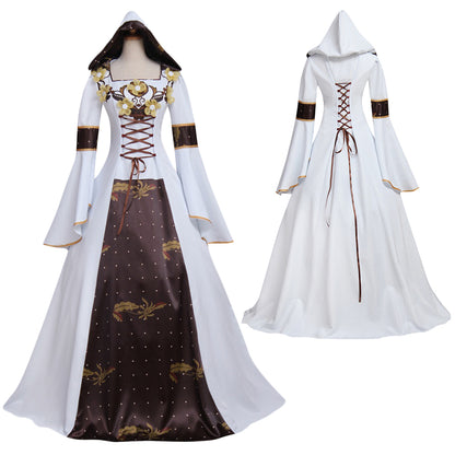 Medieval Women Victorian Renaissance Cosplay Costume Gothic Steampunk Square Neck Flared Sleeve Corset Style Patterned Brown White Gown Adult Ladies Halloween Christmas Dress