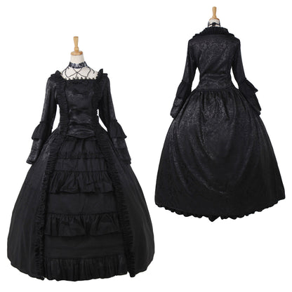 Medieval Women Gothic Victorian Renaissance Cosplay Costume Ruffled Long Sleeve Square Neck Black Gown Adult Ladies Halloween Christmas Dress