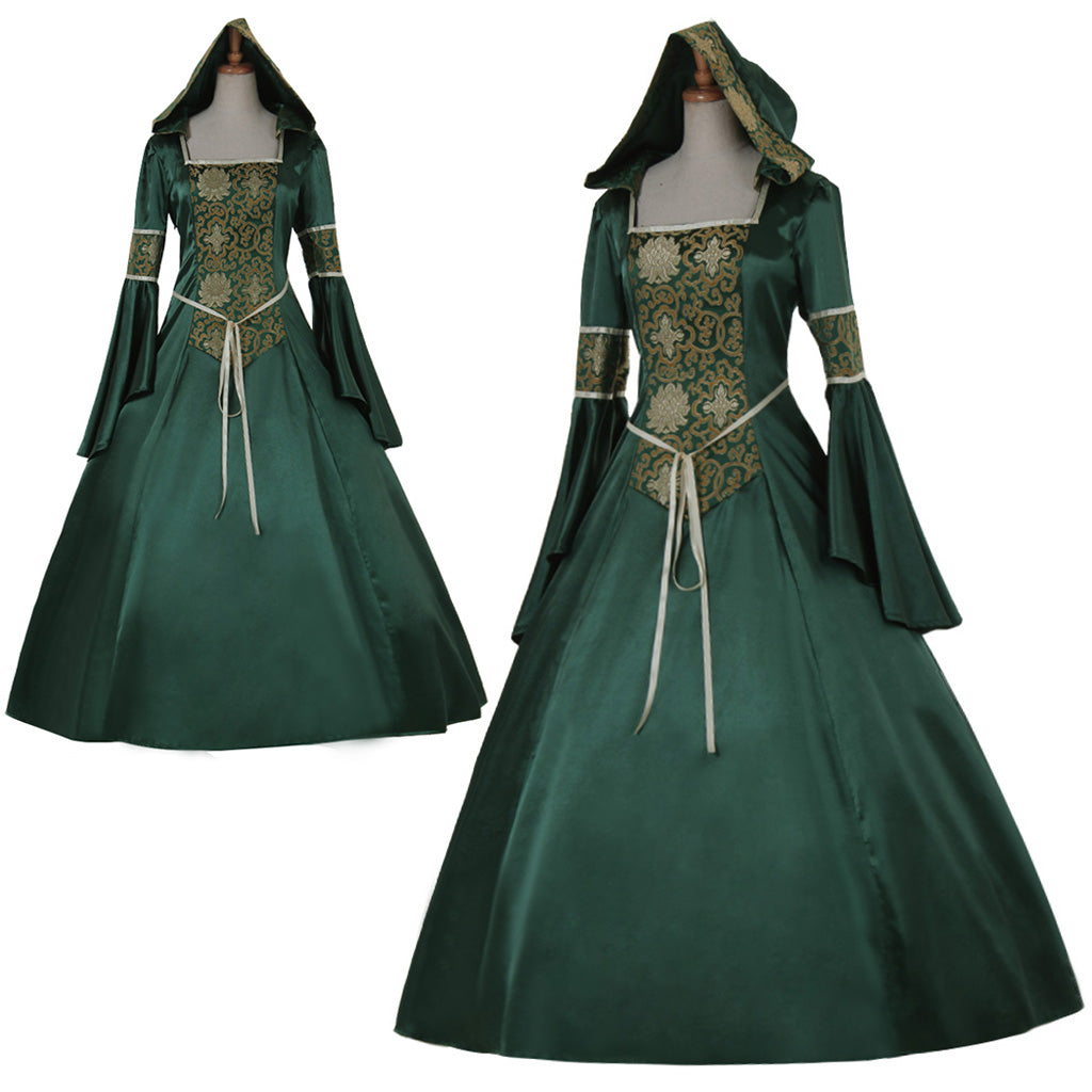 Medieval Women Renaissance Victorian Cosplay Costume Hooded Long Sleeve Lace Embroidered Tie Waist Green Gown Adult Ladies Halloween Christmas Dress