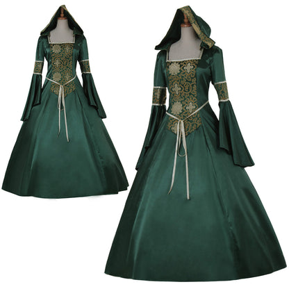 Medieval Women Renaissance Victorian Cosplay Costume Hooded Long Sleeve Lace Embroidered Tie Waist Green Gown Adult Ladies Halloween Christmas Dress