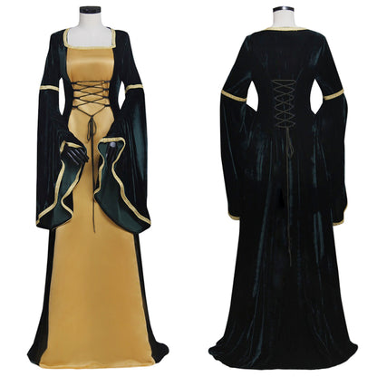 Medieval Women Renaissance Victorian Cosplay Costume Long Sleeve Gold Trimmed Color Block Black Gold Gown Adult Ladies Halloween Christmas Dress