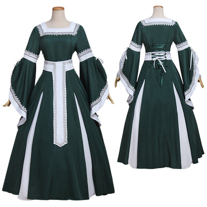 Medieval Women Renaissance Victorian Cosplay Costume Flared Long Sleeve White Trimmed Color Block Dark Green White Gown Adult Ladies Halloween Christmas Dress