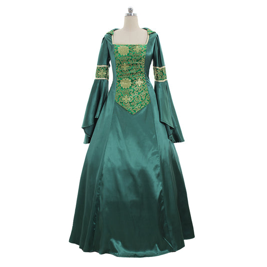 Medieval Women Renaissance Victorian Cosplay Costume Flared Long Sleeve Gold Embroidered Teal Green Gown Adult Ladies Halloween Christmas Dress