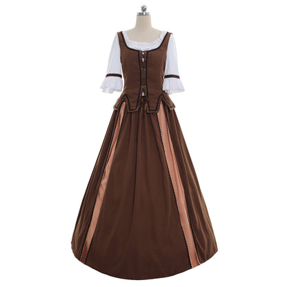Medieval Women Renaissance Victorian Cosplay Costume Short Sleeve Contrast Trimmed Color Block Brown Copper Gown Adult Ladies Halloween Christmas Dress