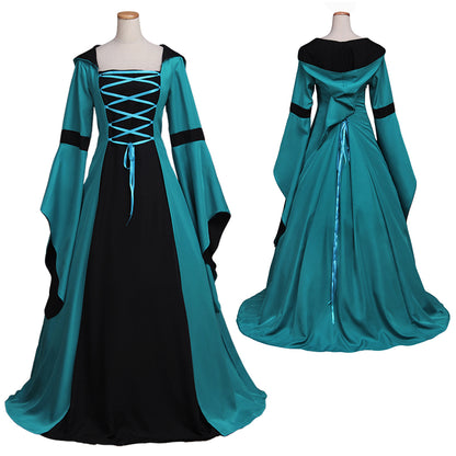 Medieval Women Renaissance Victorian Cosplay Costume Flared Long Sleeve Contrast Trimmed Color Block Teal Black Gown Adult Ladies Halloween Christmas Dress