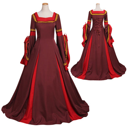 Medieval Women Renaissance Victorian Cosplay Costume Flared Long Sleeve Contrast Trimmed Color Block Burgundy Red Gown Adult Ladies Halloween Christmas Dress