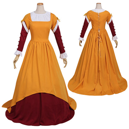 Medieval Women Renaissance Victorian Cosplay Costume Long Sleeve White Trimmed Contrast Trimmed Color Block Mustard Yellow Burgundy Gown Adult Ladies Halloween Christmas Dress
