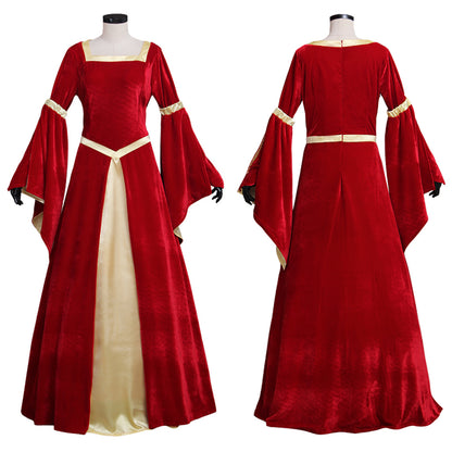 Medieval Women Renaissance Victorian Cosplay Costume Flared Long Sleeve Cream Trimmed Color Block Red Cream Gown Adult Ladies Halloween Christmas Dress