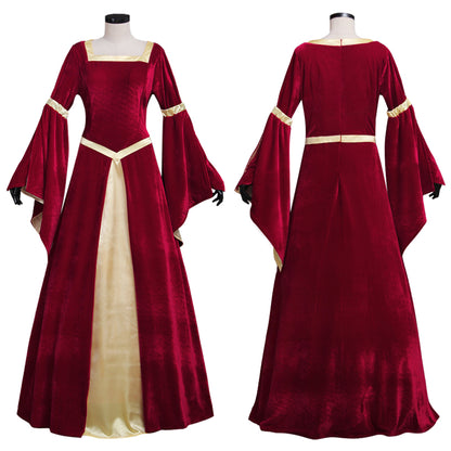 Medieval Women Renaissance Victorian Cosplay Costume Flared Long Sleeve Cream Trimmed Color Block Red Cream Gown Adult Ladies Halloween Christmas Dress