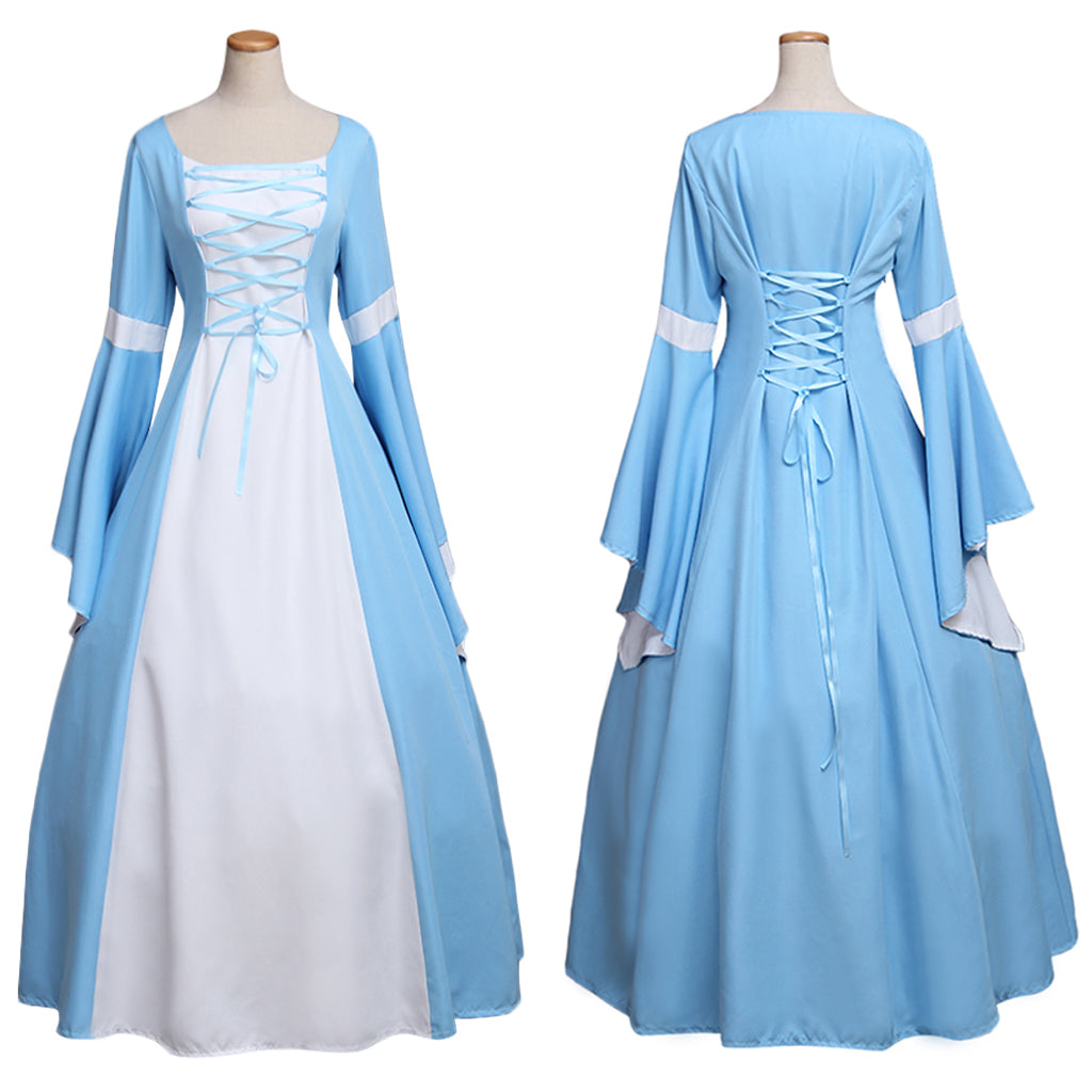 Medieval Women Renaissance Victorian Cosplay Costume Flared Long Sleeve Blue Trimmed Color Block Light Blue White Lace Up Gown Adult Ladies Halloween Christmas Dress
