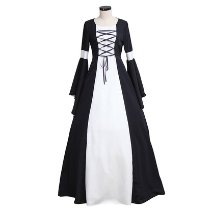 Medieval Women Renaissance Victorian Cosplay Costume Flared Long Sleeve White Trimmed Color Block Black White Lace Up Gown Adult Ladies Halloween Christmas Dress
