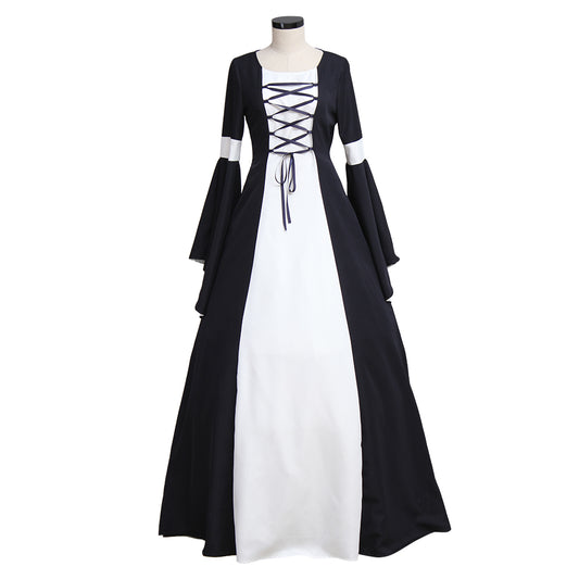 Medieval Women Renaissance Victorian Cosplay Costume Flared Long Sleeve White Trimmed Color Block Black White Lace Up Gown Adult Ladies Halloween Christmas Dress