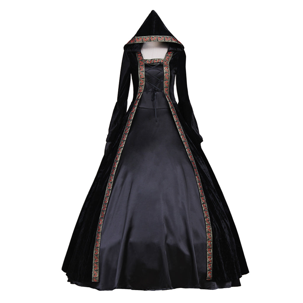 Medieval Women Renaissance Victorian Cosplay Costume Flared Long Sleeve Brown Trimmed Color Block Black Lace Up Gown Adult Ladies Halloween Christmas Dress