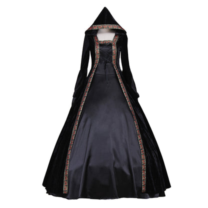 Medieval Women Renaissance Victorian Cosplay Costume Flared Long Sleeve Brown Trimmed Color Block Black Lace Up Gown Adult Ladies Halloween Christmas Dress