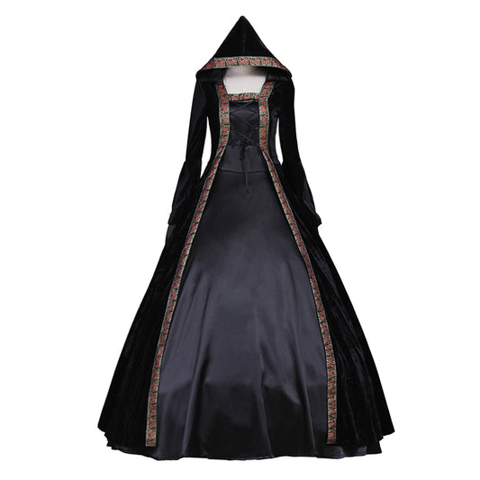Medieval Women Renaissance Victorian Cosplay Costume Flared Long Sleeve Brown Trimmed Color Block Black Lace Up Gown Adult Ladies Halloween Christmas Dress