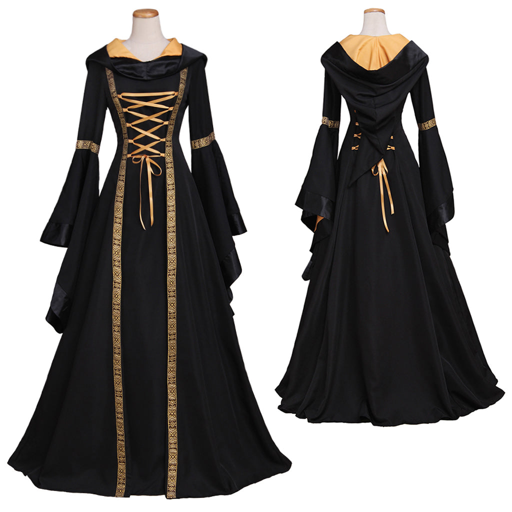 Medieval Women Gothic Black Cosplay Costume Adult Renaissance Ancient Gown With Lace - Up Long Sleeve Victorian Ladies Halloween Christmas Maxi Dress