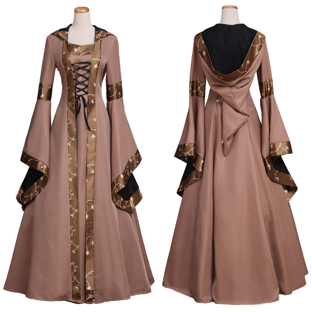 Medieval Women Renaissance Brown Cosplay Costume Adult Ancient Gown With Lace - Up Bell Sleeves Norse Gothic Ladies Halloween Christmas Dress