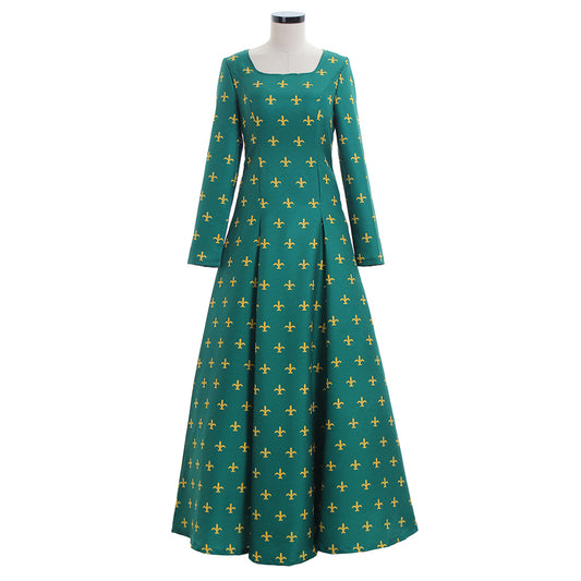 Medieval Women Viking Green With Yellow Cross Patterns Cosplay Costume Adult Renaissance Ancient Gown With Long Sleeves Norse Gothic Ladies Halloween Christmas Dress