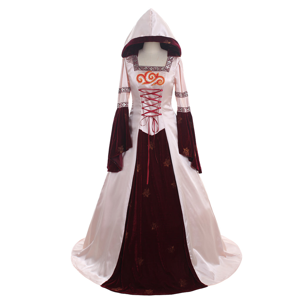 Medieval Women Viking Pink And Burgundy Cosplay Costume Adult Renaissance Ancient Gown With Lace Up Norse Gothic Ladies Halloween Christmas Dress