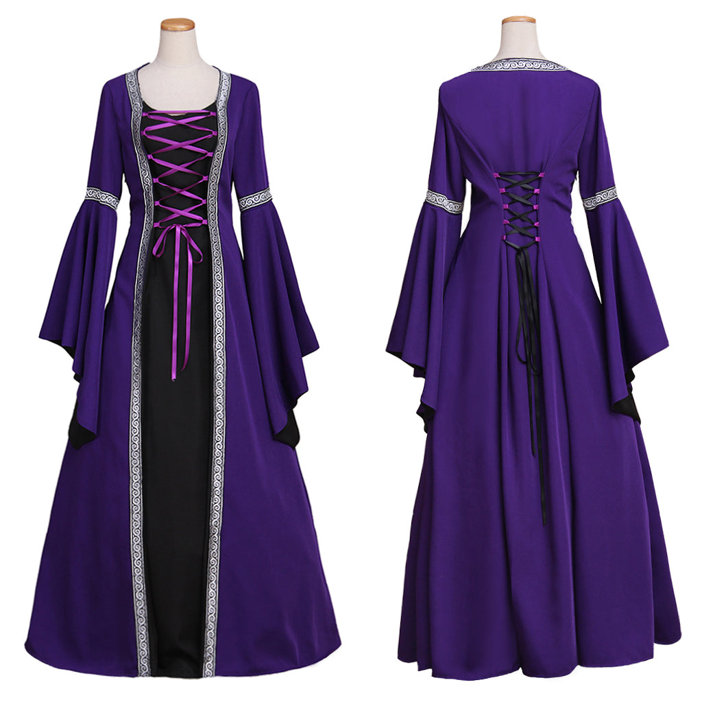 Medieval Women Viking Purple And Black Cosplay Costume Adult Renaissance Ancient Gown With Lace Up And Bell Sleeves Norse Gothic Ladies Halloween Christmas Dress