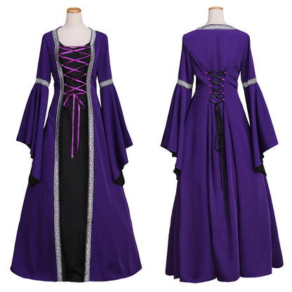 Medieval Women Viking Purple And Black Cosplay Costume Adult Renaissance Ancient Gown With Lace Up And Bell Sleeves Norse Gothic Ladies Halloween Christmas Dress