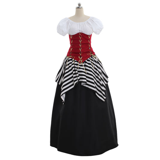 Medieval Women Viking Red Black And White Striped Cosplay Costume Adult Renaissance Ancient Gown Norse Gothic Ladies Halloween Christmas Dress