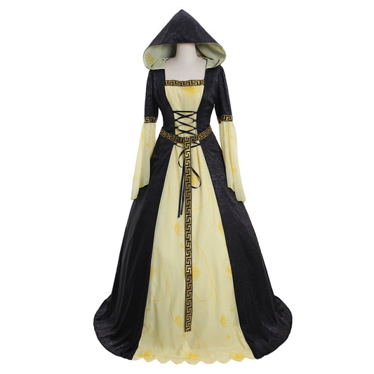 Medieval Women Renaissance Black And Yellow Cosplay Costume Adult Vintage Court Hooded Lace Up Long Sleeve Square Neck Maxi Dress
