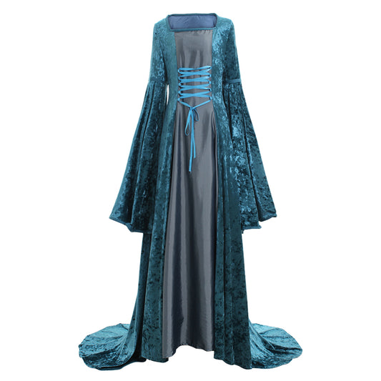 Medieval Women Renaissance Teal And Gray Cosplay Costume Adult Vintage Court Lace Up Flared Sleeve Square Neck Maxi Dress