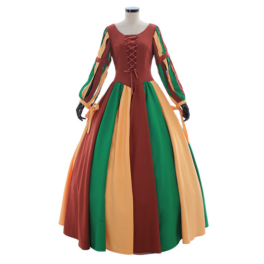 Medieval Women Renaissance Burgundy Orange And Green Cosplay Costume Adult Vintage Court Lace Up Color Blocked Sleeve Square Neck Maxi Dress