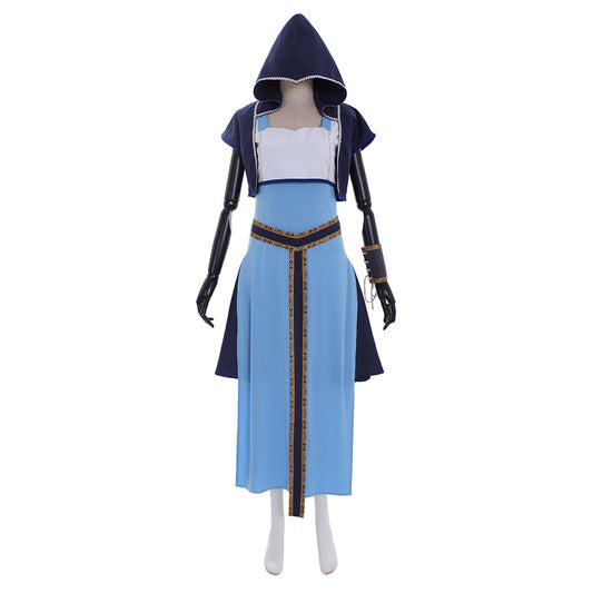 Medieval Women Viking Blue, White And Dark Blue Cosplay Costume Adult Renaissance Ancient Hooded Lace Up With Belt Norse Gothic Ladies Halloween Christmas Square Neck Maxi Dress