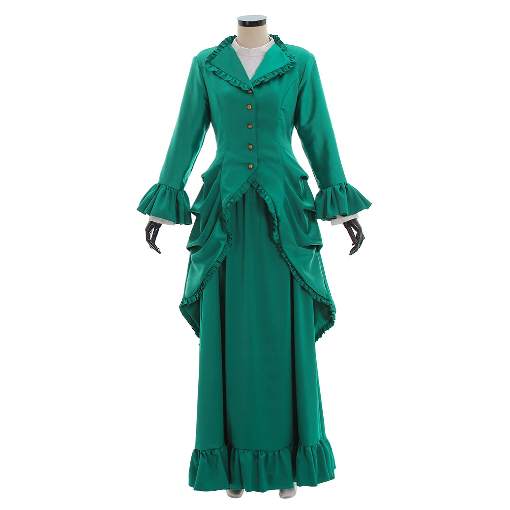 Medieval Women Renaissance Green Cosplay Costume Adult Vintage Court Button Up Ruffled Sleeve Square Neck Maxi Dress Ladies Halloween Christmas Square Neck Maxi Dress