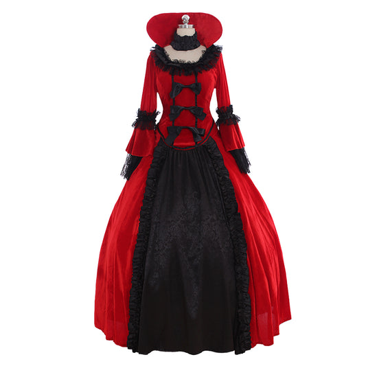 Medieval Women Renaissance Red And Black Cosplay Costume Adult Vintage Court Lace Up Bonneted Ruffled Sleeve Square Neck Maxi Dress Ladies Halloween Christmas