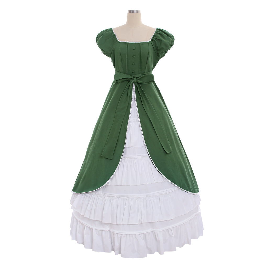 Medieval Women Renaissance Green And White Cosplay Costume Adult Vintage Court Bow Tie Puff Sleeve Square Neck Maxi Dress Ladies Halloween Christmas