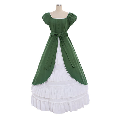 Medieval Women Renaissance Green And White Cosplay Costume Adult Vintage Court Bow Tie Puff Sleeve Square Neck Maxi Dress Ladies Halloween Christmas