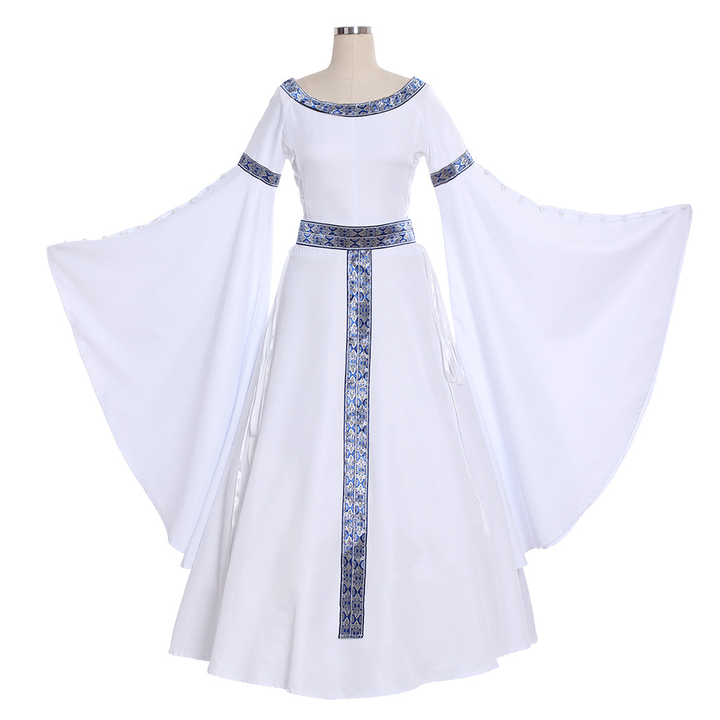 Medieval Women Renaissance White Cosplay Costume Adult Vintage Court Long Sleeve Round Neck Waist Belt Maxi Dress Ladies Halloween Christmas