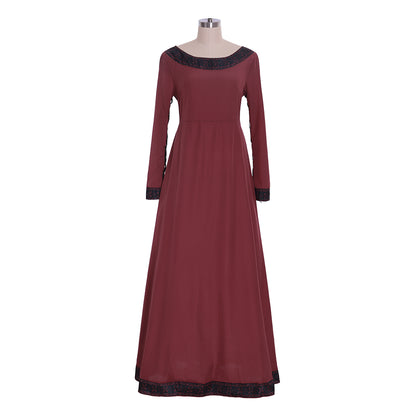 Medieval Women Renaissance Red And Black Trim Cosplay Costume Adult Vintage Court Long Sleeve Round Neck Maxi Dress Ladies Halloween Christmas
