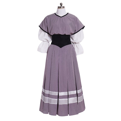 Medieval Women Renaissance Purple With White Stripes And Black Belt Cosplay Costume Adult Vintage Court Puff Sleeve High Waist Maxi Dress Ladies Halloween Christmas