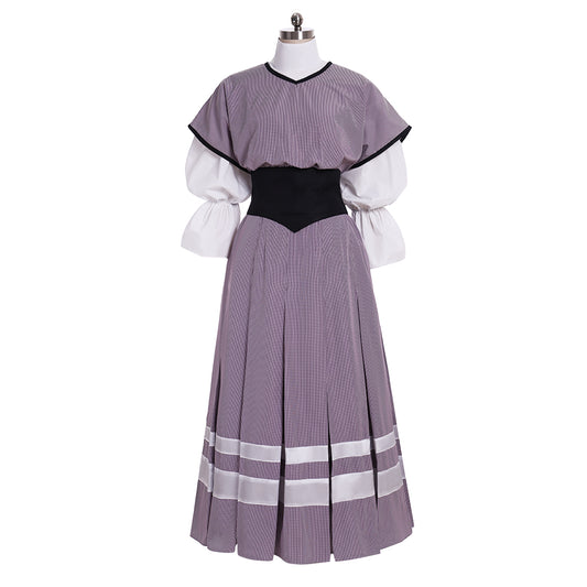 Medieval Women Renaissance Purple With White Stripes And Black Belt Cosplay Costume Adult Vintage Court Puff Sleeve High Waist Maxi Dress Ladies Halloween Christmas