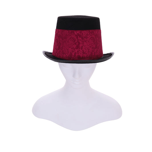 Victorian-Inspired Black Top Hat with Red Brocade Band