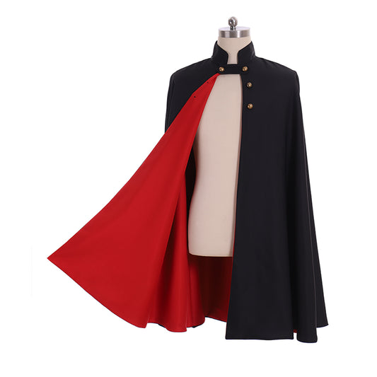 Medieval Gothic Black Cloak with Red Lining, Stand-Up Collar  Gold Buttons Cosplay Costume