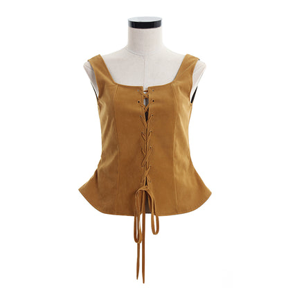 Medieval Renaissance Tan Faux Suede Lace Up Vest Square Neck Sleeveless Corset Top