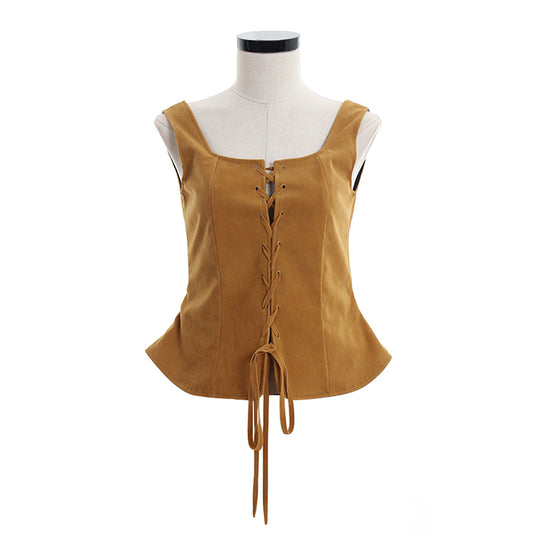 Medieval Renaissance Tan Faux Suede Lace Up Vest Square Neck Sleeveless Corset Top