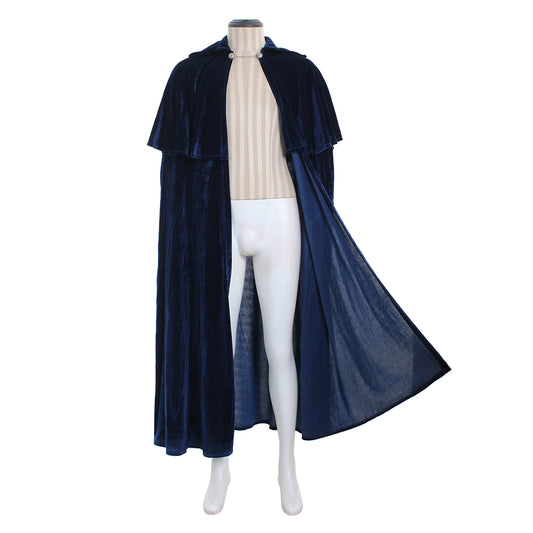 Medieval Renaissance Navy Blue Velvet Long Hooded Cloak with Clasp Closure