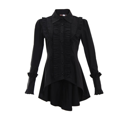 Medieval Gothic Women Black Ruffled Collared Long Sleeve Asymmetrical Hem Tunic Top Cosplay Costume